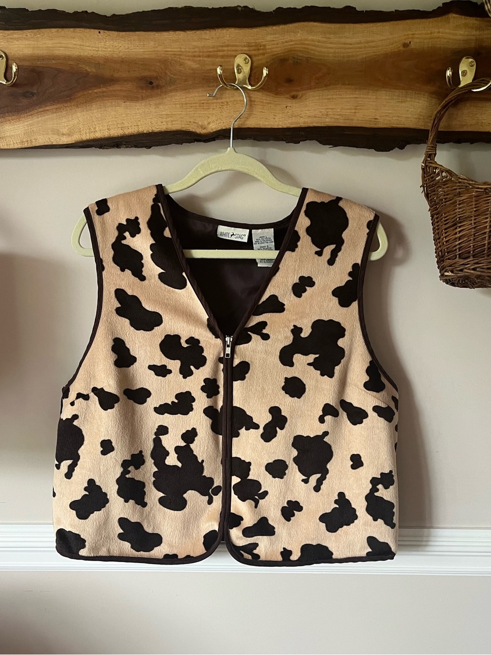 Vintage Y2K White Stag Cow Print Faux Hide Tan Brown Zip Vest Western L Large